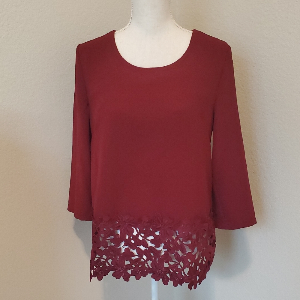 (3 For $20) Lucy & Laurel Burgundy Lace Trim Blouse